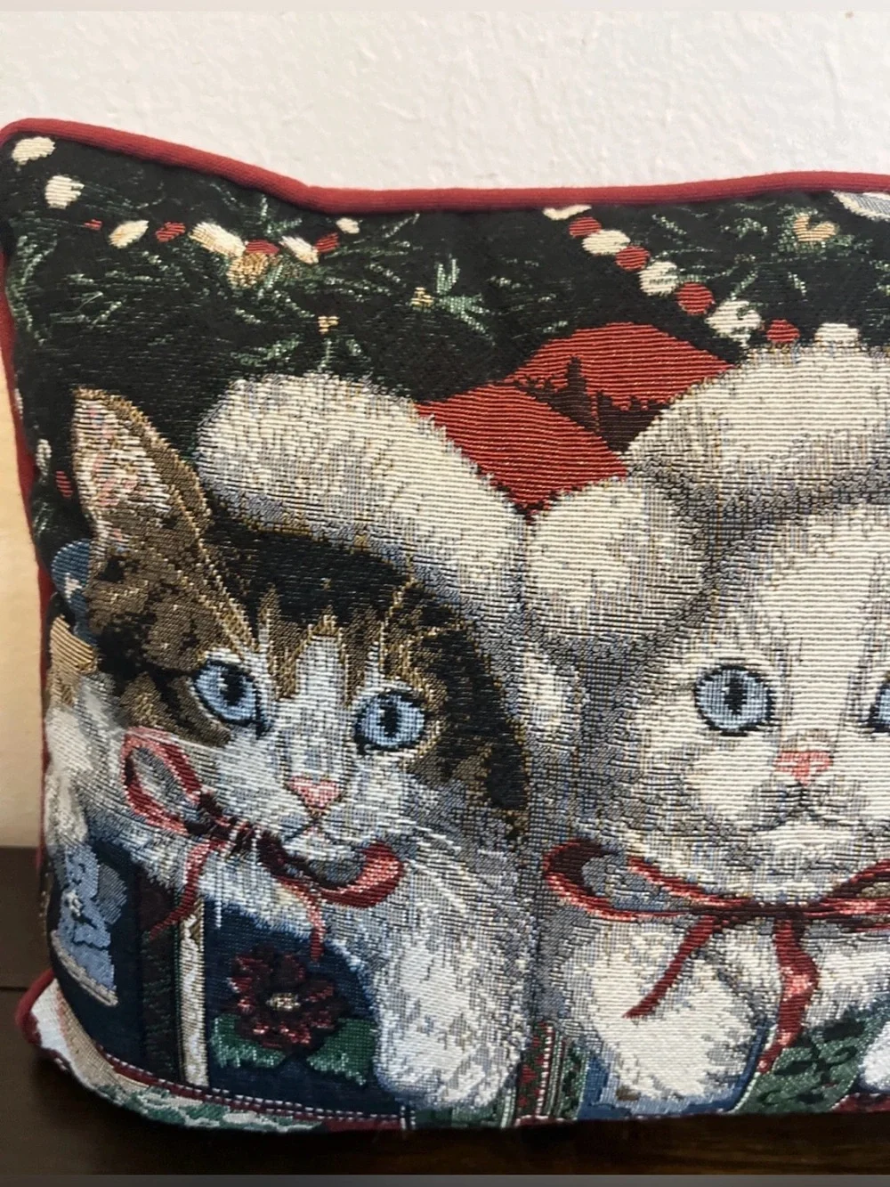 Christmas Holiday Kitten Cats Tapestry Pillow Throw Rectangle Lumbar 17”
